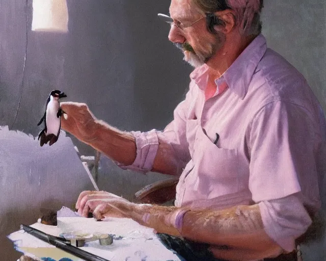 Prompt: an exhausted painter in his studio painting a picture of a pink penguin - key lighting, soft lights, foggy, by steve hanks, by lisa yuskavage, by serov valentin, by tarkovsky, 8 k render, detailed, oil on canvas