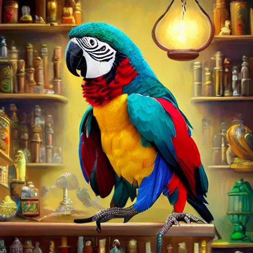 Prompt: Oil painting of Anthropomorphized parrot trader in his shop, shelves full, selling a gem, portrait, items, magic potions, carpet, window, fancy funny hat, sly expression , cunning expression, cute expression, presenting magic gem, D&D, fantasy, cinematic lighting, highly detailed, digital painting, artstation, concept art, smooth, sharp focus, illustration, warm light, cozy warm tint, magic the gathering artwork, volumetric lighting, 8k, no gold, no gold colours, art by Akihiko Yoshida and Greg Rutkowski