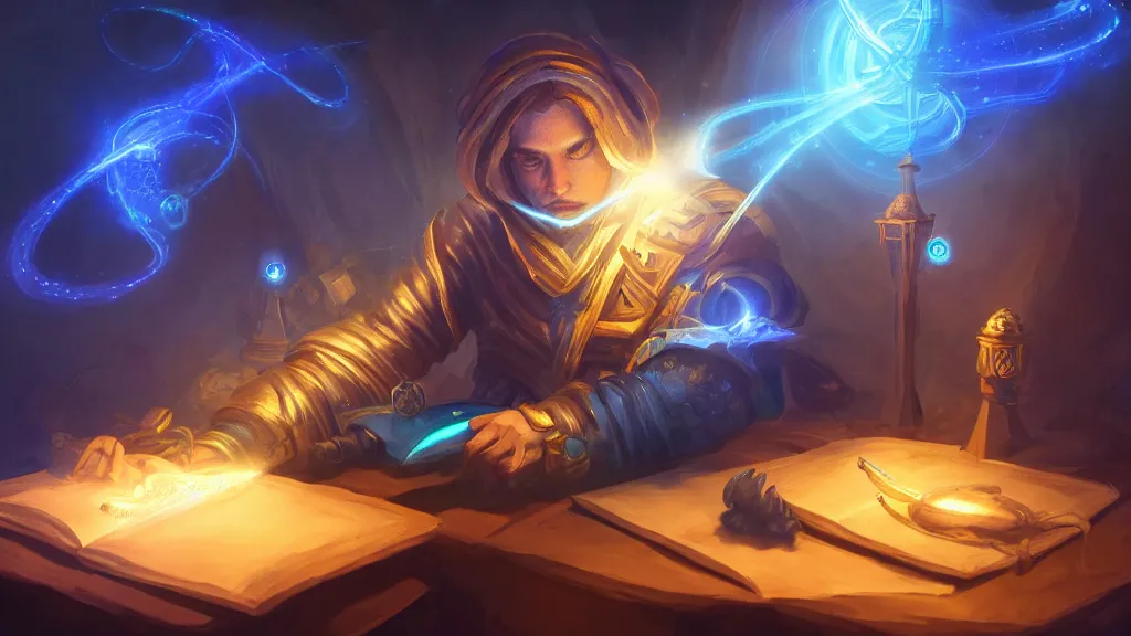 Image similar to A mage crafting a magical device on a desk. Magic, blue lighting, flux, gold astronomy. High fantasy, digital painting, HD, 4k, detailed.