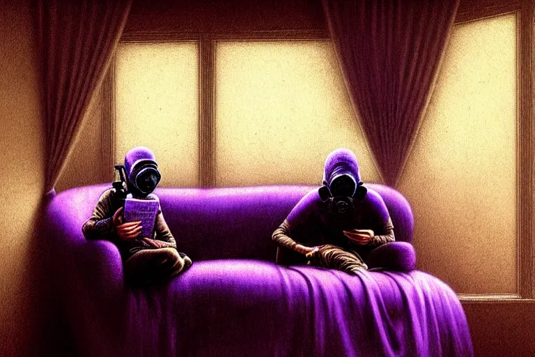 Prompt: girl with wearing a gas mask lying on the sofa reading a book in her room, in the style of beksinski, intricate and epic composition, purple by caravaggio, insanely quality, highly detailed, masterpiece, purple light, artstation, 4 k