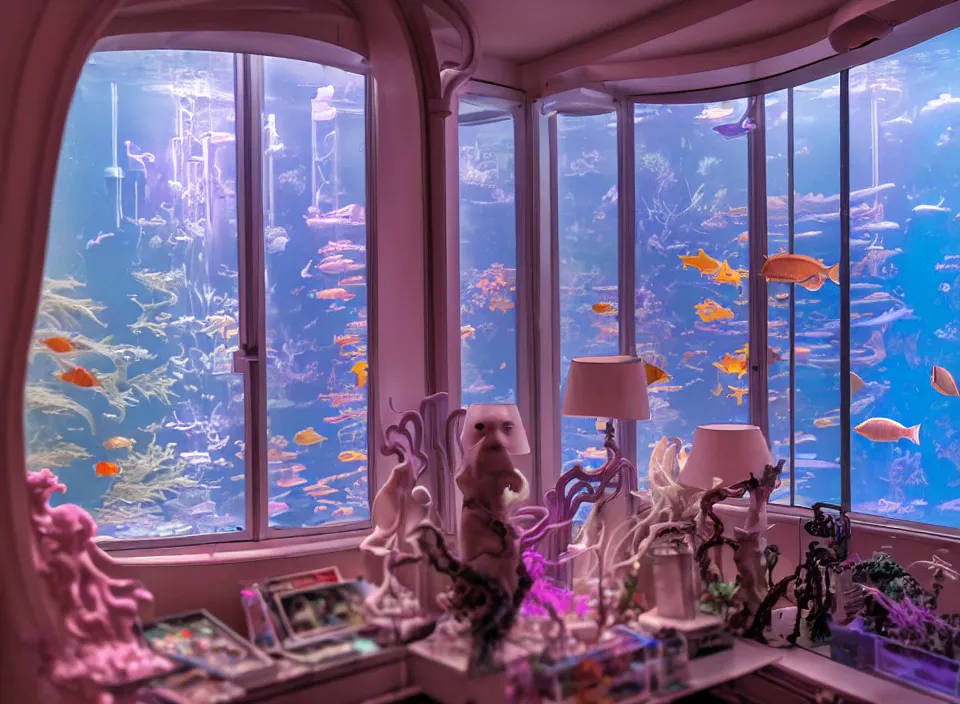 Prompt: telephoto 7 0 mm f / 2. 8 iso 2 0 0 photograph depicting the feeling of craziness in an expensive cluttered french sci - fi ( art nouveau ) pale cyberpunk apartment in a pastel dreamstate art cinema style. ( aquarium, eating, window ( city ), led indicator, lamp ( ( ( mirror ) ) ) ), ambient light.