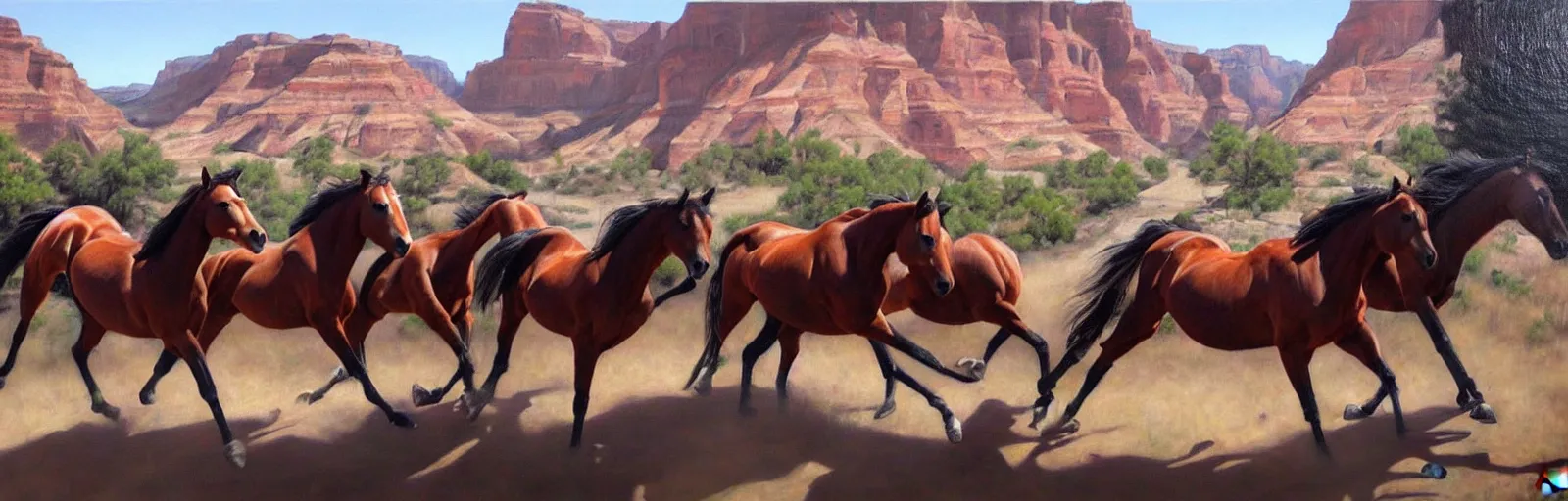 Image similar to lots of horses running through the canyon, hyper realistic, more details, they might be crawling, original oil on canvas painting by sydney mount