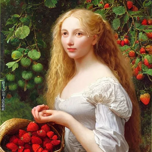 Image similar to A beautiful Blonde Woman with Locks selling strawberries in the style of Sophie Anderson, Portrait