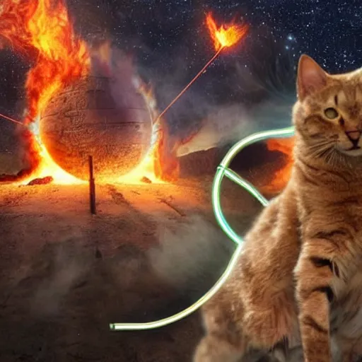 Image similar to giant cat firing lazers at burning people apocalypse hyper realistic