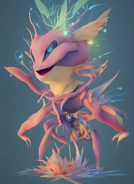 Image similar to colourful caricature - 3 d vfx art - of a pokemon, art style by james jean & hsiao - ron cheng, character concept art, unreal engine render, digital illustration, sharp, intricate detail, volumetric light, ray tracing, soft light, symmetric, pinterest, artstation, behance,