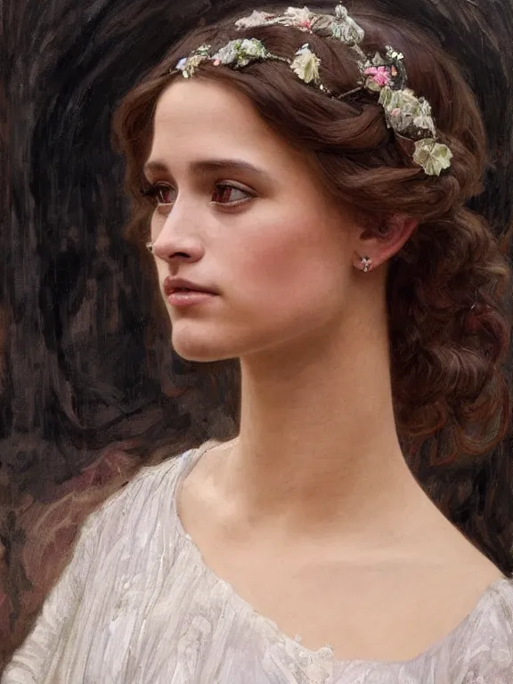 Prompt: an art nouveau style head and shoulders portrait oil painting of a pretty young alicia jessica vikander alba wearing a white victorian bridal gown, intricate, detailed, smooth, complex, elaborate, by alphonse mucha and james gurney and john william waterhouse and bouguereau