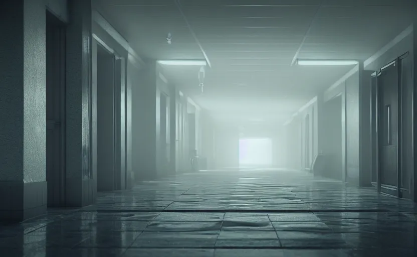 Image similar to hspital hallway, gloomy and foggy atmosphere, octane render, artstation trending, horror scene, highly detailded