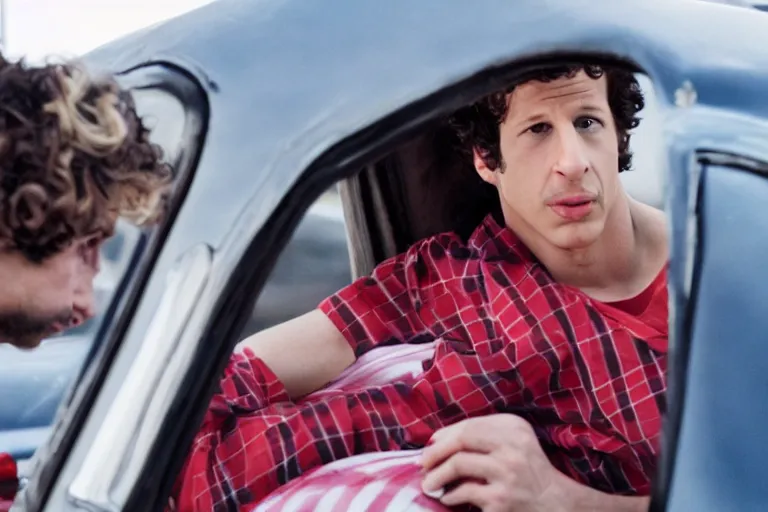 Prompt: a cinematic still from hotrod movie of ((andy samberg))