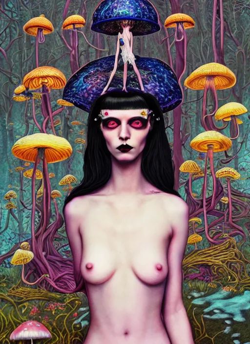 Prompt: pretty goth model with hallucination mushroom : : by martine johanna and simon stalenhag and chie yoshii and casey weldon and wlop : : ornate, dynamic, particulate, rich colors, intricate, elegant, highly detailed, vogue, harper's bazaar art, fashion magazine, smooth, sharp focus, 8 k, octane render,