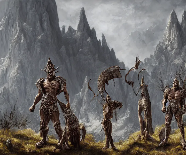 Prompt: trailcam footage grotesque horrific stylistic vray 3 d render of silver ornate armor slim bodybuilder handsome warriors, mountains and giant gothic abbeys, hyperrealism, fine detail, 8 k, artsation contest winner, cgsociety, fantasy art, cryengine, brush strokes, oil canvas by mandy jurgens and michael whelan