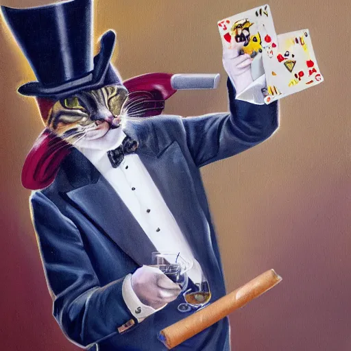 Prompt: a male cat wearing a tophat and suit, smoking a cigar, wielding a gun and pointing it at the camera, inside a casino, surrounded by female cats, oil painting, 4k