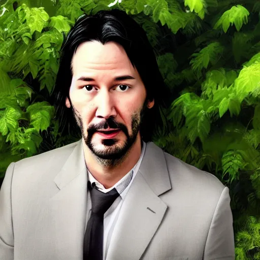 Prompt: a portrait of keanu reaves face as green leaves