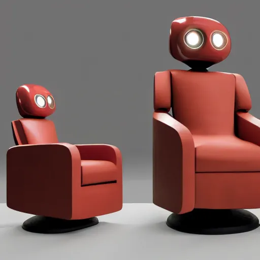 Image similar to futuristic lonely matte brown and red full-body humanoid robot with two huge round expressive sad LED eyes and open rectangular mouth sitting on a large comfortable cushioned 1950s vintage recliner reading a newspaper. open newspaper. Cinematic Movie Photograph, Arri Alexa, Extremely Detailed, smooth, very very clean, 8K, octane render, maya render, unreal engine, trending on artstation, DSLR, excellent composition, center frame