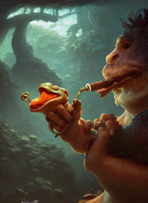 Image similar to cute kappa smoking a pipe, subsurface scattering, by jesper ejsing, justin gerard, tomasz alen kopera, cgsociety and fenghua zhong, highly detailed, rim light, cinematic lighting, illustration, art, octane render, very coherent, cinematic, hyper realism, high detail, octane render, 8 k