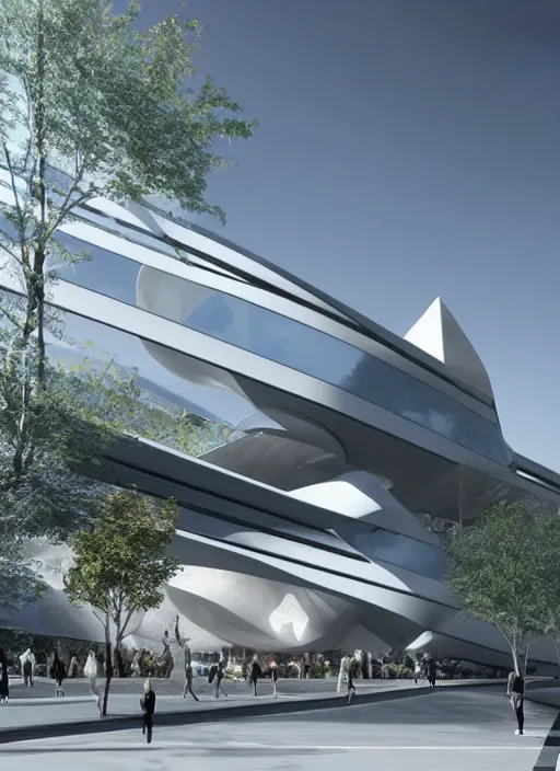 Prompt: architectural rendering, building designed by zahahadid, using modern material like steel + concrete + glass, biophilia