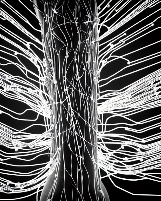 Image similar to black and white connected cyborg - plant goddess high quality photo, microchip, artificial intelligence, bio - mechanical bio - luminescence, black wired cables, neurons, nerve cells, cinematic, rim light, photo - realistic, elegant, high detail, 8 k, masterpiece, high fashion