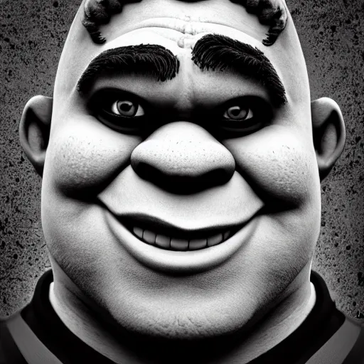 Image similar to black and white photographic portrait of shrek, harsh lighting, 8k, high definition, detailed, 4k, artistic