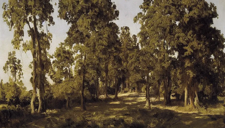 Image similar to a beautiful row of trees, blank black background by eugene von guerard, ivan shishkin, john singer sargent