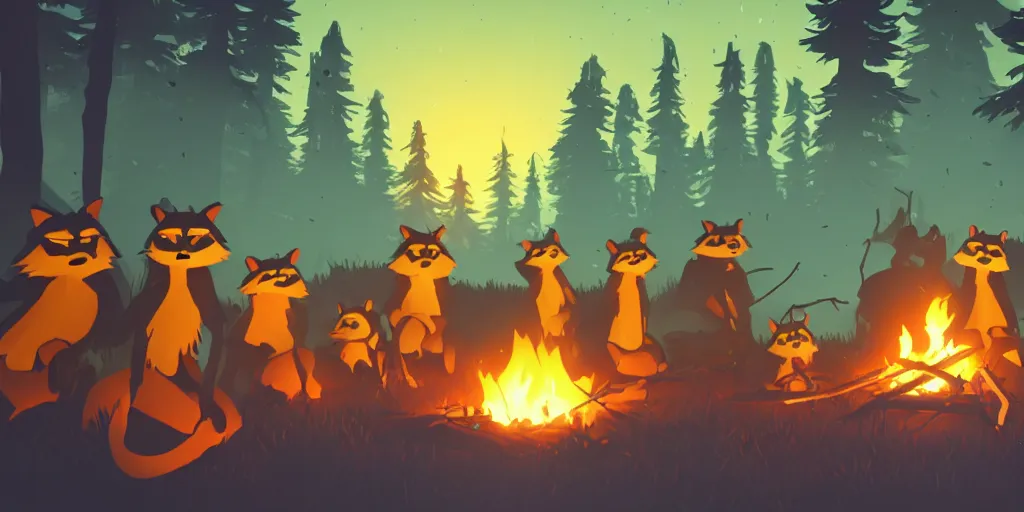 Prompt: a group of racoons sitting around a campfire in the middle of the forest, surrounded by fireflies. Firewatch style