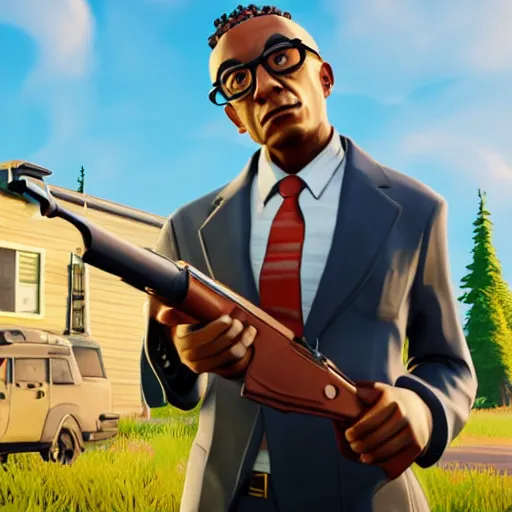 Image similar to gustavo fring as a fortnite character, gameplay screenshot, high definition