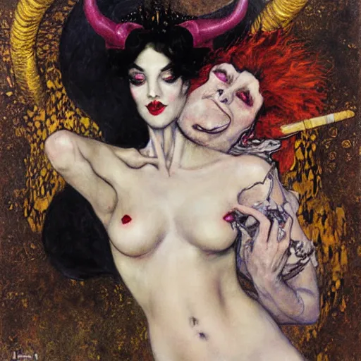 Image similar to succubus with horns smoking a cigar, klimt, royo, miro, frazetta, whealan,