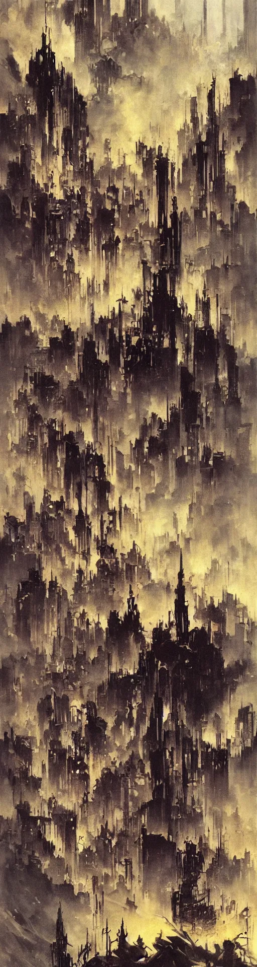 Image similar to a city by frank frazetta