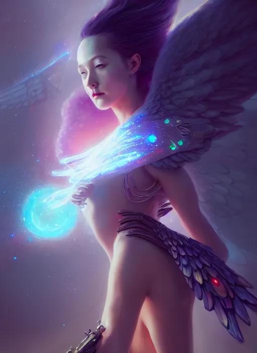 Image similar to portrait of beautiful angel girl with wings like a galaxy in space holding the universe in her hands, cyberpunk, 3 d render, hyper realistic detailed, scifi, fantasy, octane render, concept art, peter mohrbacher, artgerm, ruan jia, wlop, cyberpunk, dynamic lighting