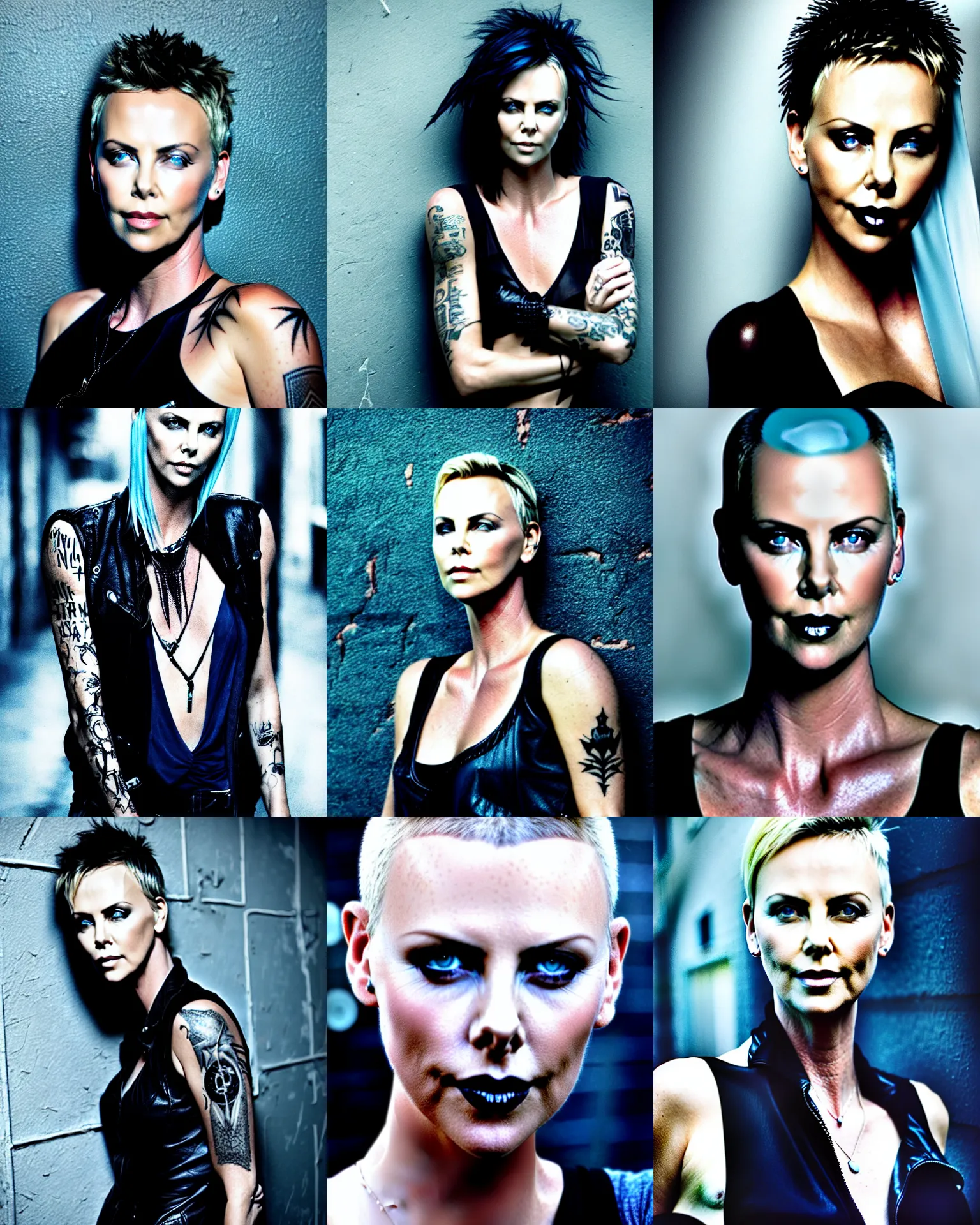 Prompt: photo of Charlize Theron as a beautiful young punk girl, thin lustrous long black hair shaved on one side, icy blue eyes, dark alley background, gothic tattoos, depth of field