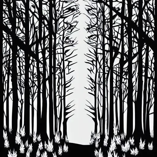Image similar to dark forest illustration, 4k detailed, black ink on white paper, dark fantasy, white space in middle