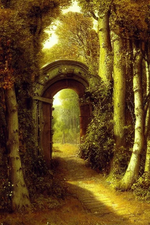 Image similar to beautiful digital painting high quality heavy iron gothic gate in the woods cobblestone ground by ARnold Böcklin, artstation behance