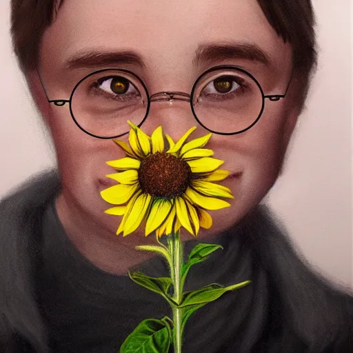 Image similar to hyperrealism portrait where harry potter appears holding and smelling a sunflower, in the background is the moon