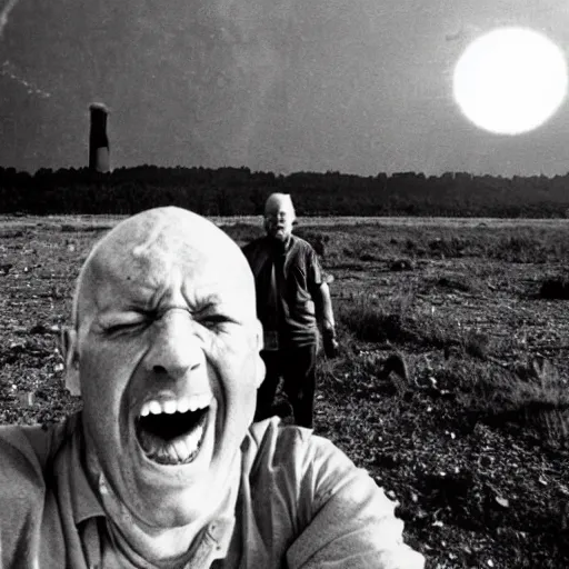 Image similar to last human selfie,horror , nuclear explosion in background