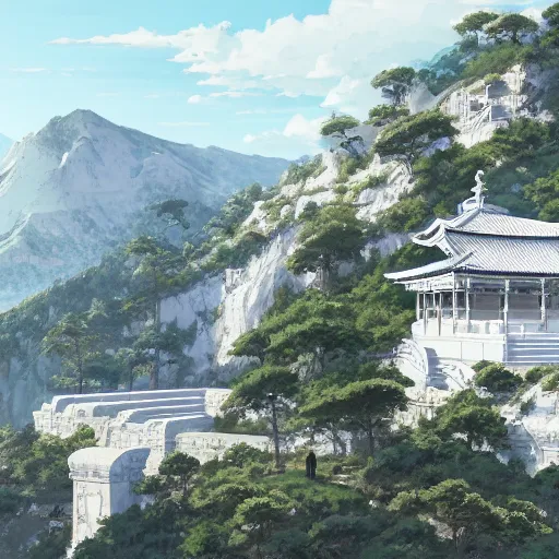 Image similar to concept art painting of a white marble temple on top of a mountain, with greek and japanese architecture, overlooking a valley with a village below, realistic, detailed, cel shaded, in the style of makoto shinkai and greg rutkowski and albert bierstadt and james gurney