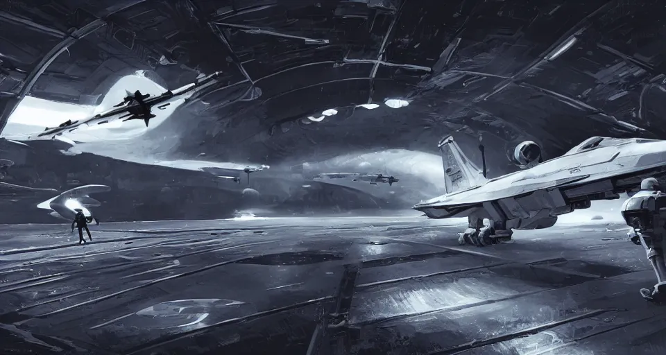 Image similar to photo 5 0 s, inside the hangar of a starship, pilots run towards a fighter craft, in the style of coriolis rpg, realistic, dark sci - fi, by rutkowski, 8 k, artstation