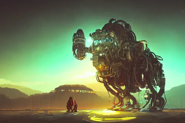 Image similar to huge mechanical creature robot radiating a glowing aura, global illumination, ray tracing, hdr, fanart, artstation, by ian pesty and alena aenami, artworks, 4 k