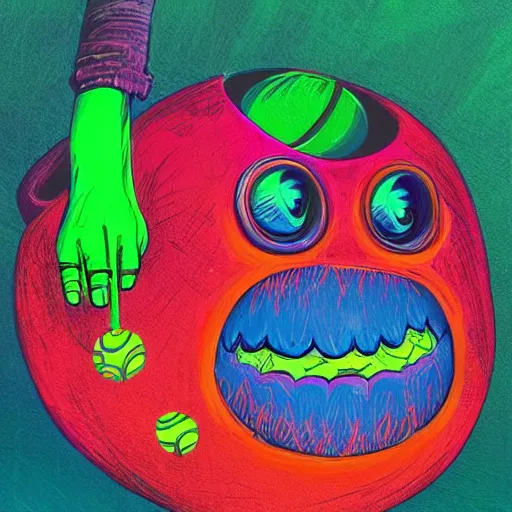 Image similar to a tennis ball monsters, colorful, digital art, fantasy, magic, chalk, trending on artstation, ultra detailed, professional illustration by basil gogos