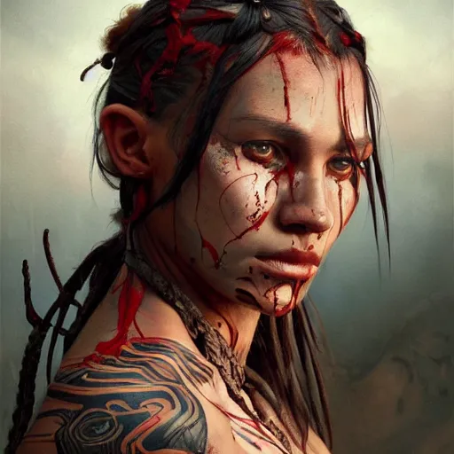 Prompt: zoomed out portrait painting of a muscular bloodied tribal girl butcher, tattooed, ultra realistic, concept art, intricate details, eerie, highly detailed, photorealistic, octane render, 8 k, unreal engine. art by artgerm and greg rutkowski and alphonse mucha