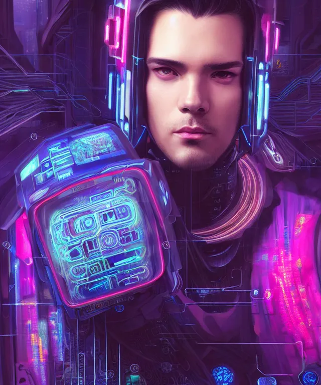 Image similar to a man wearing netrunner clothing, extremely detailed face, cyberpunk, cybernetic, cyborg, vaporwave aesthetic, synthwave, flowing hair, colorful, psychedelic, intricate, elegant, highly detailed, digital painting, artstation, concept art, smooth, sharp focus, illustration, art by artgerm and greg rutkowski and alphonse mucha