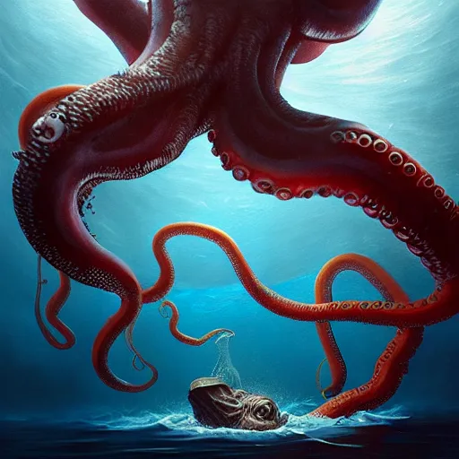 Image similar to a dream fantasy painting of a a swimming man trapped by a giant octopus in the deep of the ocean, by beksinki, giger, greg rutkowski, carne griffith trending on artstation, deviantart, photorealism