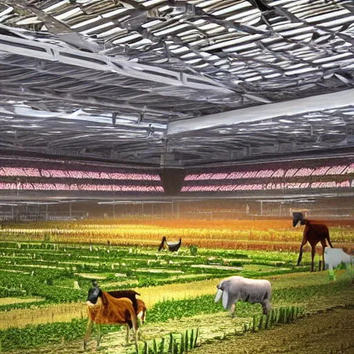 Image similar to a farm inside of a stadium, hyperrealistc, solarpunk, utopian socialism, detailed, 4K, cinematic