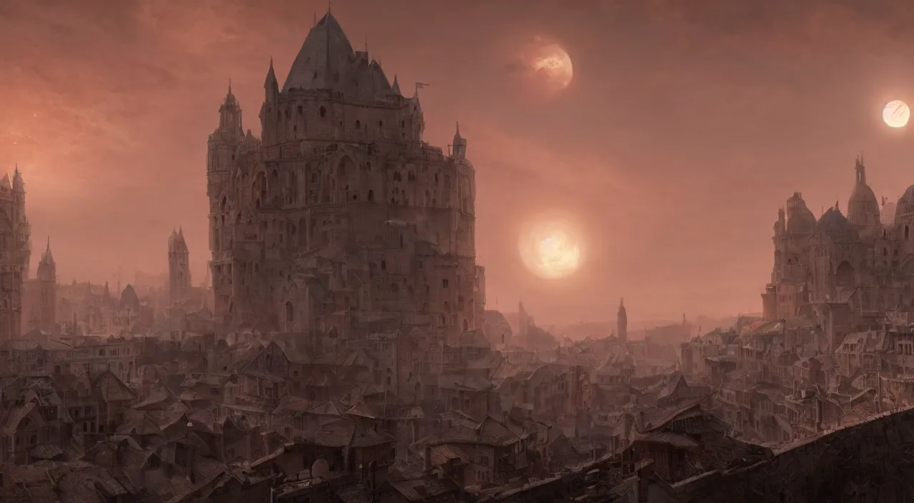 Image similar to A medieval city by the sea., A huge red moon shines over the earth.highly realistic, hyper detailed,cinematic,4k,digital art,unreal engine 5,by Greg Rutkowski and gustav doré