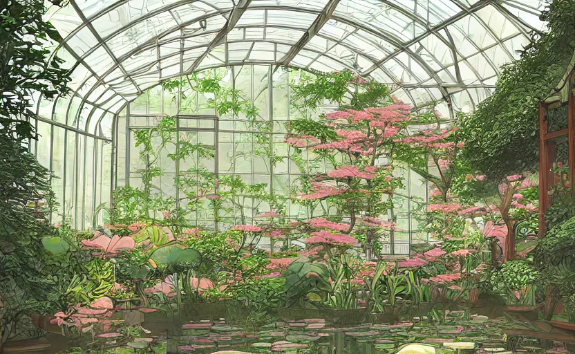 Image similar to japanese garden, huge greenhouse, sunny bay window, indoor, architecture, highly detailed, digital painting, artstation, art nouveau, concept art, sharp focus, illustration