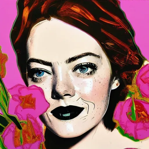 Image similar to detailed oil painting of emma stone in detail with flowers by james jean, by andy warhol