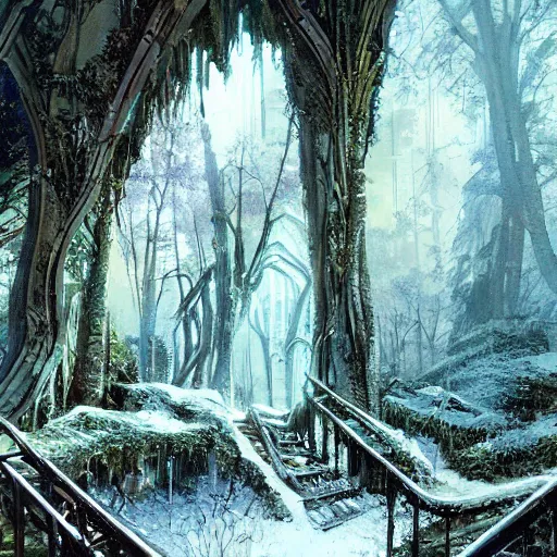 Image similar to stairs leading to a frozen derelict portal in a middle of a snowy lush futuristic forest, lush world seen only through a portal, daylight, cinematic lighting, blue sky, syd mead, john harris
