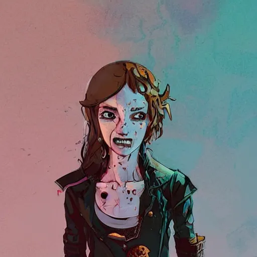 Image similar to Highly detailed portrait of a punk zombie young lady with freckles and brown curly hair hair by Atey Ghailan, by Loish, by Bryan Lee O'Malley, by Cliff Chiang, by Goro Fujita, by Greg Tocchini, inspired by ((image comics)), inspired by nier:automata, inspired by graphic novel cover art !!!gold, silver, opal, brown, black, and white color scheme ((grafitti tag brick wall background))