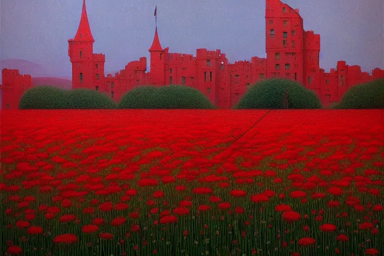 Prompt: only with red, red flowers of different types, a castle in the background, red giants rest over the flowers, in the style of beksinski, part by hopper, part by rodcenko, part by hofbauer, intricate composition, red by caravaggio, insanely quality, highly detailed, masterpiece, red light, artstation, 8 k