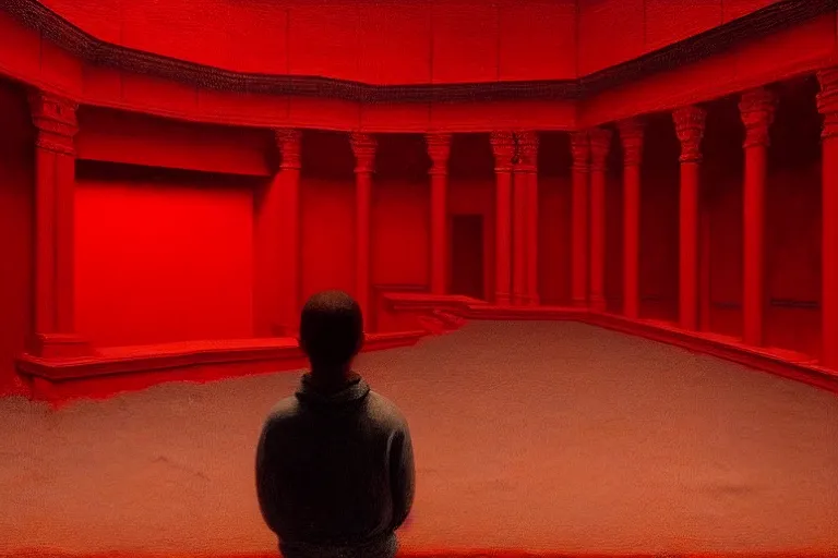 Image similar to only with red, crowd screaming, an exposed picture in a roman theater, in the style of beksinski, parts by edward hopper, parts by rodcenko, parts by yue minjun, intricate and epic composition, red by caravaggio, insanely quality, highly detailed, masterpiece, red light, artstation, 4 k