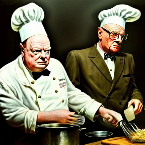 Image similar to Winston Churchill and Walter White cooking in a kitchen, realism, super details, ominous background, high detail, in the style of Martin Schoeller