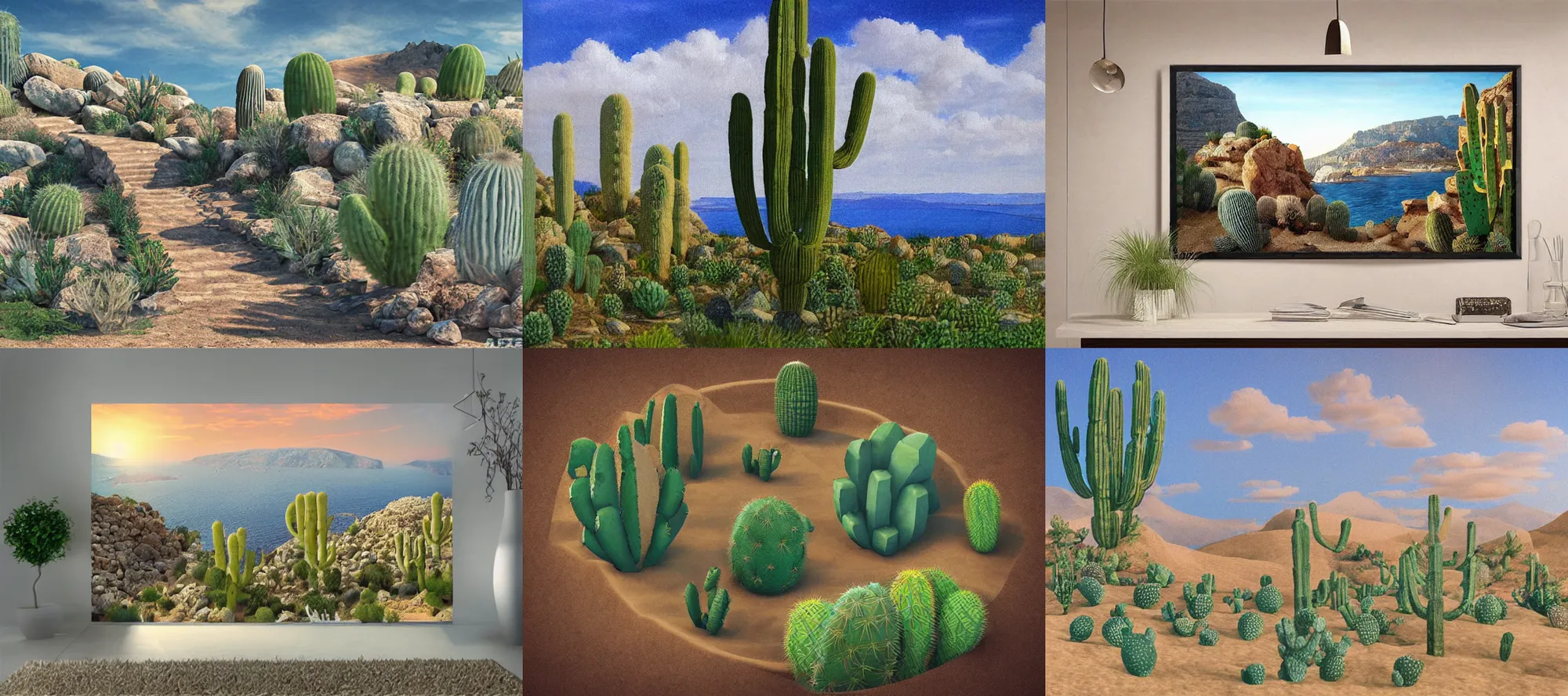 Prompt: Greek realism style- 3d geometric landscape with cactus