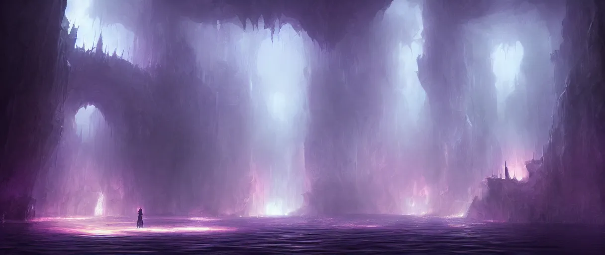 Image similar to digital painting of a underground lake, purple, style of demons souls, concept art, low angle, high detail, warm lighting, volumetric, godrays, vivid, beautiful, trending on artstation, by Jordan grimmer, no focus, huge scene, clear water